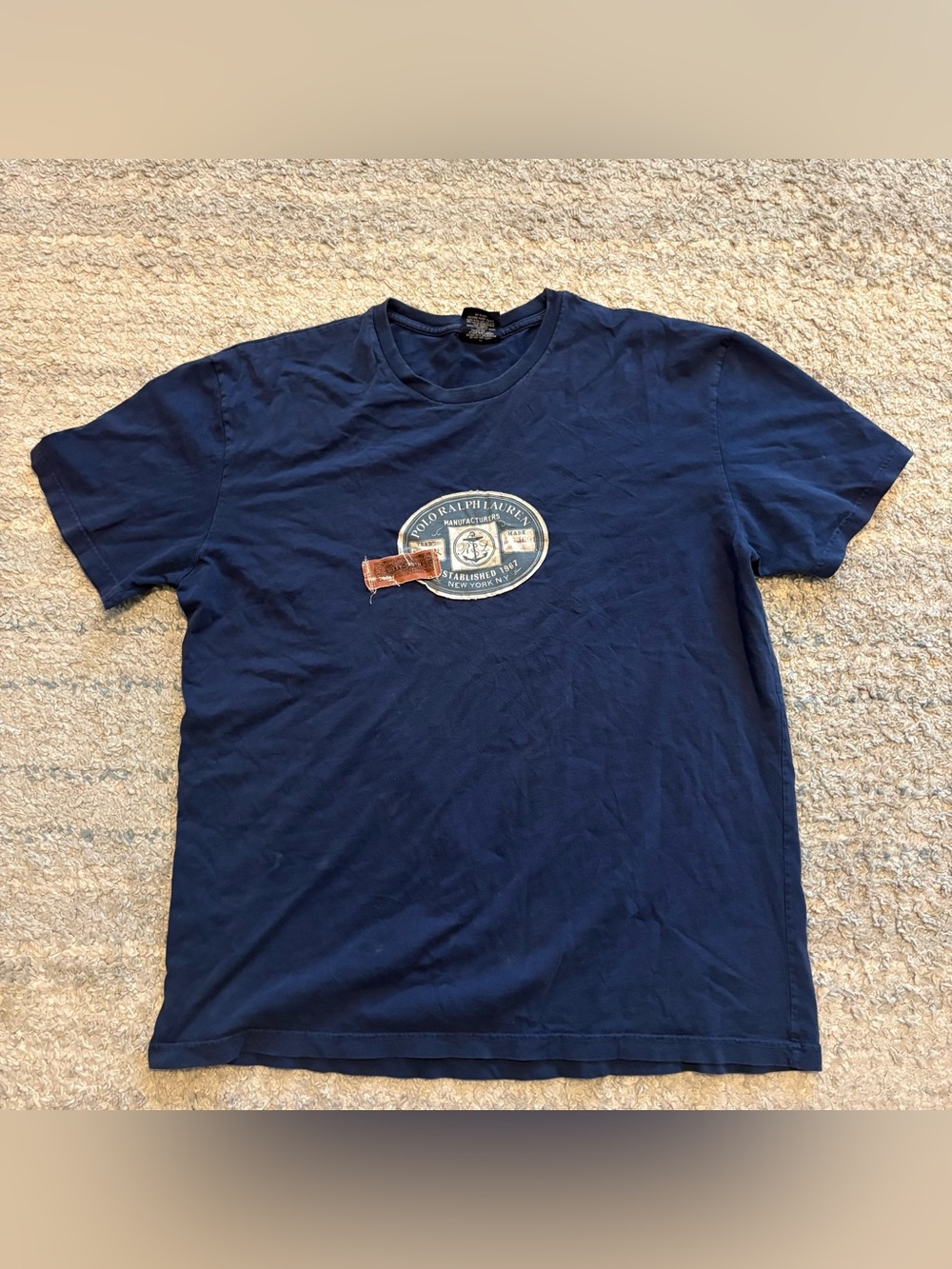 Vintage Polo Ralph Lauren Graphic TShirt Men M Navy Blue Distresses Patch 90sY2K